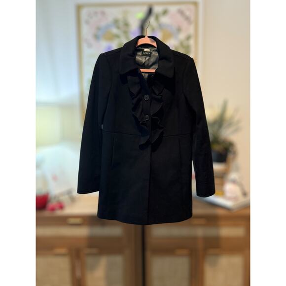 J. Crew Wool Ruffle Trim Front Button Pea Coat 17501 Black Womens Size Small - Picture 5 of 9